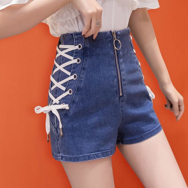 

summer short jeans women lace up shorts feminino jeans zipper black casual stretch wide leg high waisted shorts for women 2019, White;black