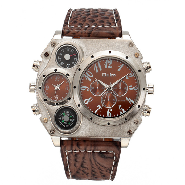 

stylemen's watch with large dial and many time zones, Slivery;brown