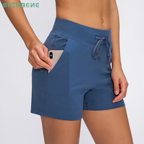 

shinbene essential leisure nylon yoga gym workout shorts women anti-sweat high waist drawstring running sport shorts with pocket, White;red