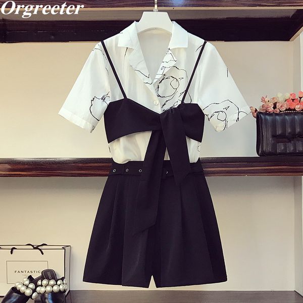

bowknot cami shirt 3 piece set women summer 2020 new lapel single breasted peint short sleeve + pleated shorts suits with belt, White