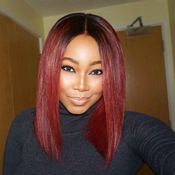 

short bob red ombre wig with natural hairline synthetic lace front wig heat resistant glueless straight wigs for women, Black
