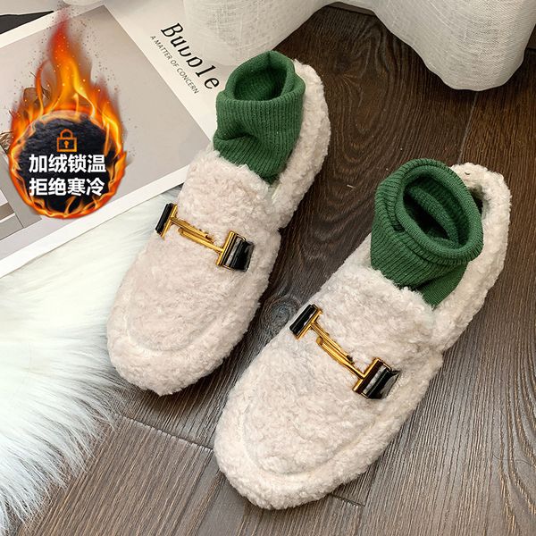 

shoes woman moccasin flats 2019 winter fur fluffy warm slip-on solid round toe loafers women soft casual shoes, Black