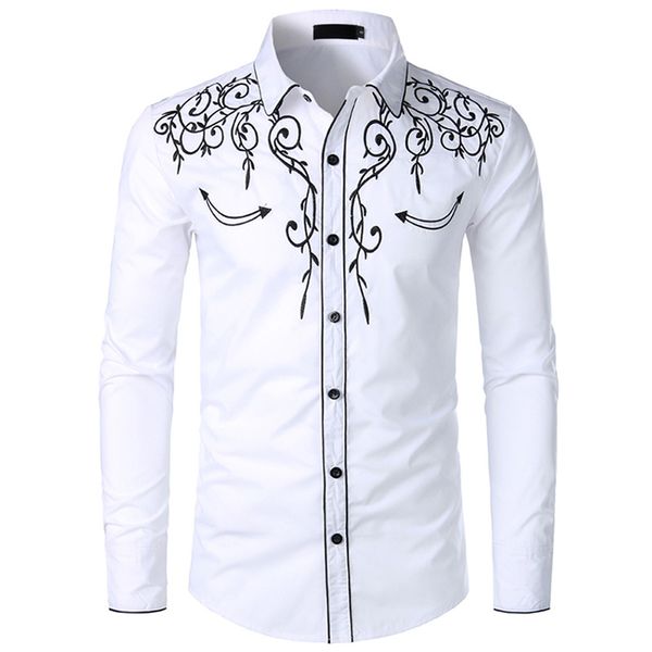 

men's casual shirts fashion western denim shirt brand design embroidered slim long sleeve wedding party, White;black