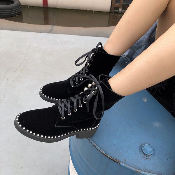 

lace up rock shoes woman flat heel women's short boot low heels booties rubber boots round toe booties ladies luxury designer, Black