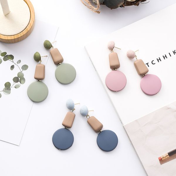 

geometry irregular square round earrings green pink blue color button earring for woman fashion jewelry, Silver
