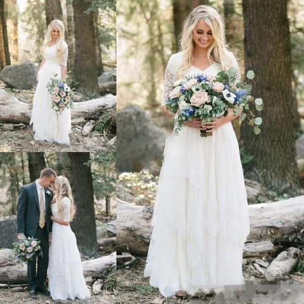 

Western Country Wedding Dresses Lace Chiffon Modest V Neck Half Sleeves Long Bohemian Bridal Gowns Plus Size Robe de mariée en dentelle