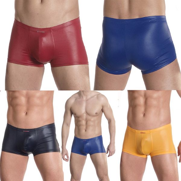 

new boxers men underwear faux leather latex boxer shorts elastic black convex pouch stretchable undershorts erotic panties, Black;white