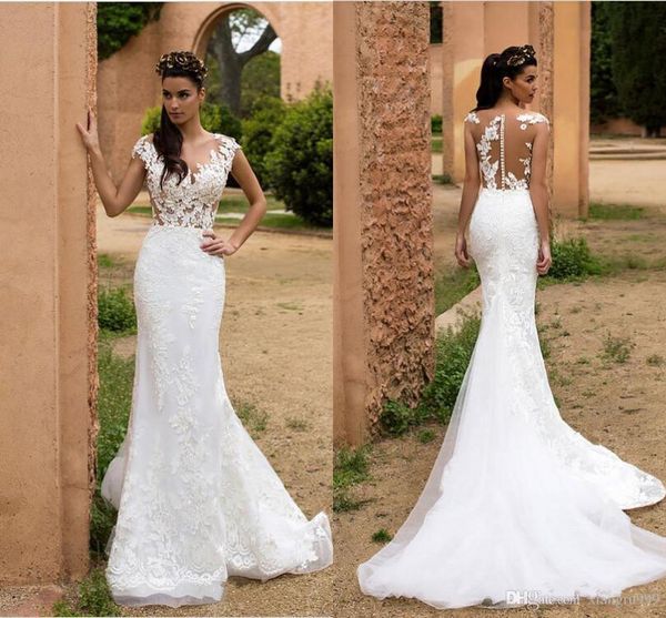 

setwell lace mermaid wedding dresses sheer illusion jewel cap sleeves applique wedding gowns sweep train custom made bridal dress, White