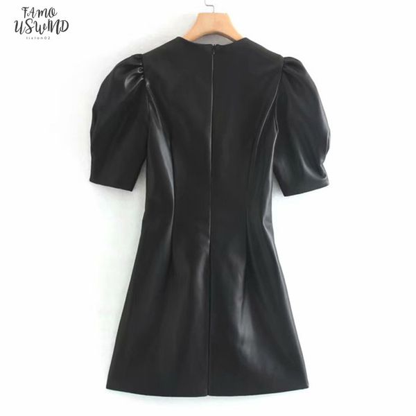 

pu black waist french short crew neck womens dress 2020 autumn harajuku short sleeve chic womens dresses round neck, Black;gray