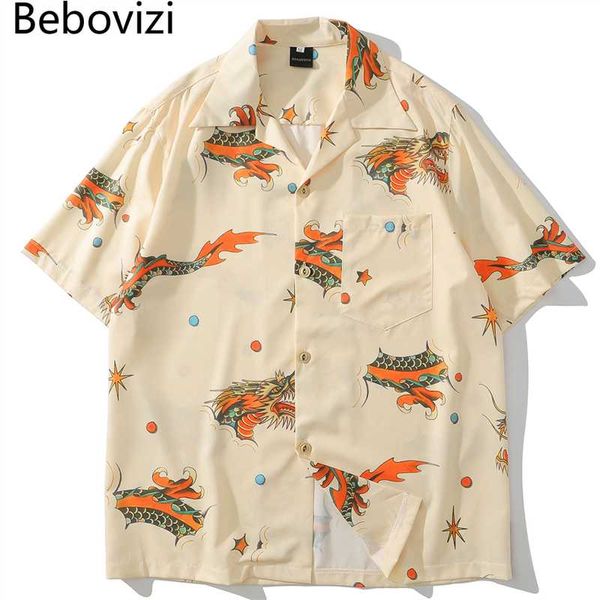 

bebovizi hip hop chinese dragon print holiday shirts short sleeve summer streetwear hawaiian shirts men casual harajuku shirt, White;black