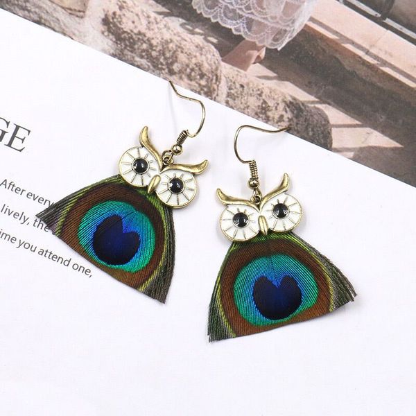 

настраиваемые природа павлинье перо серьги для женщин новый модный boho заявление сова этнические серьги мода eardrop поставки производителе, Silver