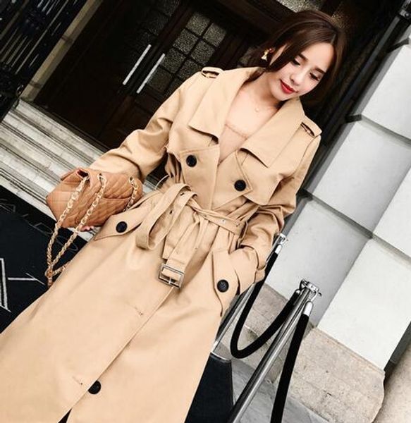 

2018 retro spring autumn trench women solid color lady long windbreak single breasted slim trench coat with belt, Tan;black