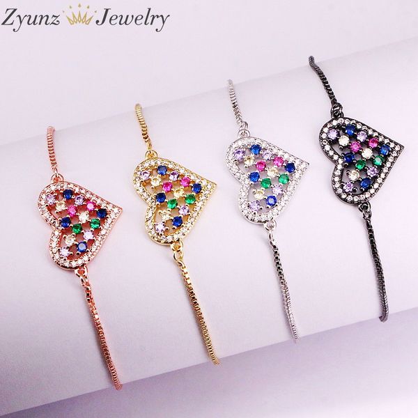 

10pcs, rainbow micro pave cz bracelets slide chain heart shaped rainbow zirconia bangles, Black