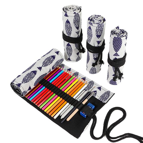 

snowflake printing handmade canvas art curtain 36 48 72 hole large capacity gift pencil wrap pen storage bag stationery bag b396
