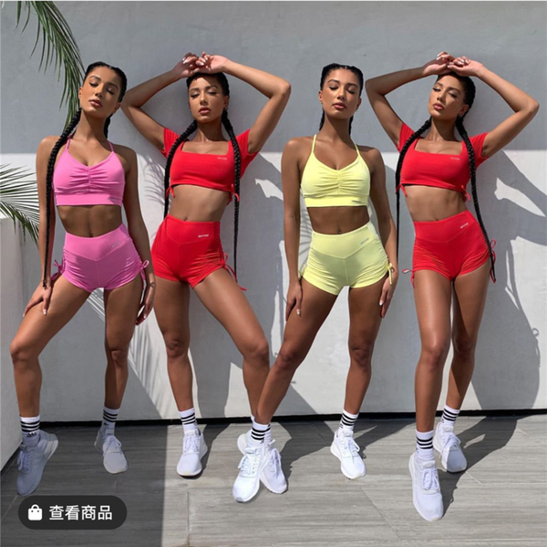 

pad yoga set high waist shorts sportswear knot two piece suit female vital seamless sport suit gym clothes folds set, White;red