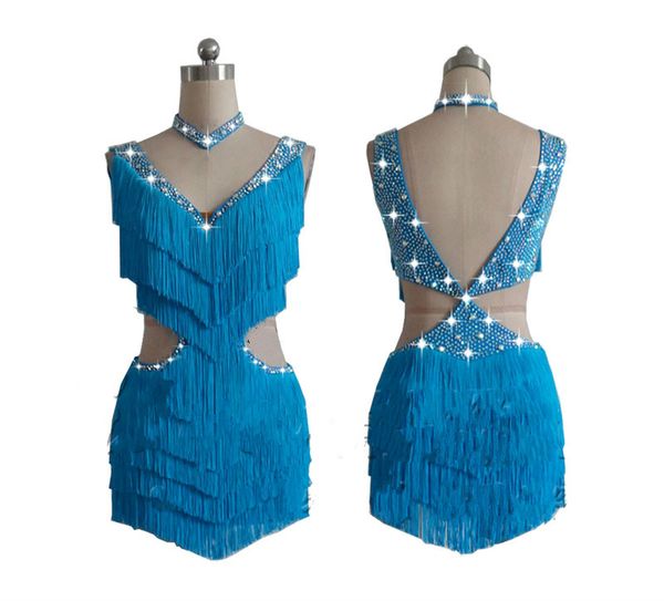 

latin dance tassel skirt high-end lake blue color rhinestone v-neck latin dance dress women competition performance clothing, Black;red