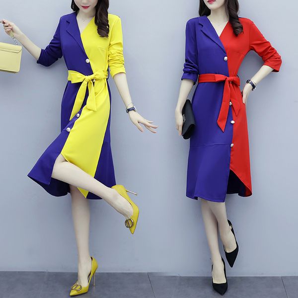 

l-5xl button decoration v-neck two-tone stitching knee-length dress 2020 spring belt fashion long sleeve a-line dress, Black;gray