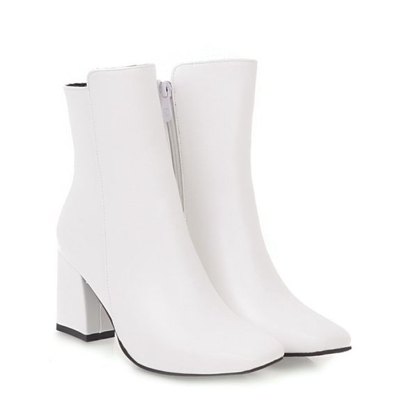 

new 2019 chic white women boots pu leather autumn winter shoes woman spuare toe coarse heel ankle boots female botas mujer, Black