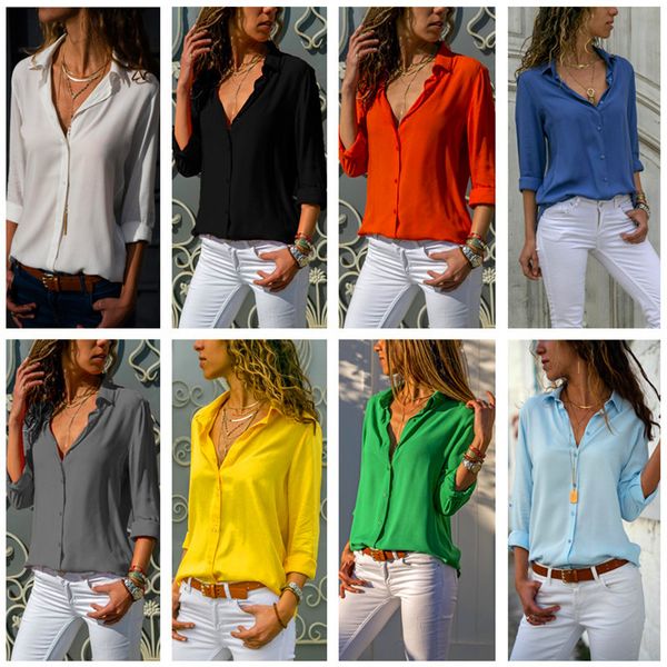 

fashion women blouse long sleeve v-neck t shirt solid color button chiffon blouses turn-down collar shirts female casual clothing, White