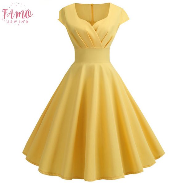 

summer women dress slim elegant v neck yellow solid short sleeve party dresses solid 50s 60s vintage a line dress vestidos, Black;gray