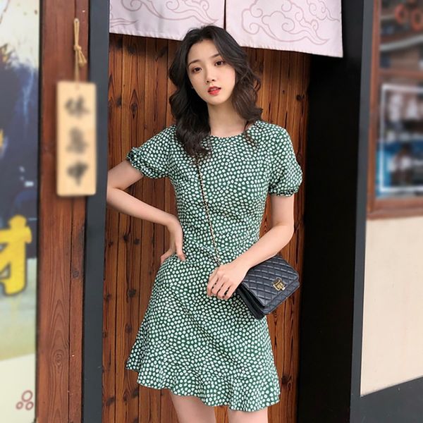 

women fashion flora print dresses breathable fabric fresh mini dresses o-neck chiffon women's clothing, Black;gray