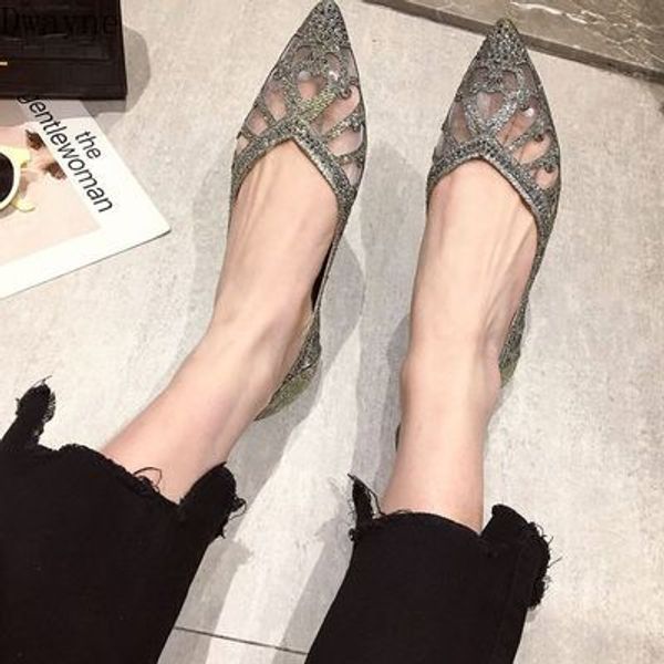 

2020 pointed new korean mesh gauze diamond fashion versatile flat shoes, Black