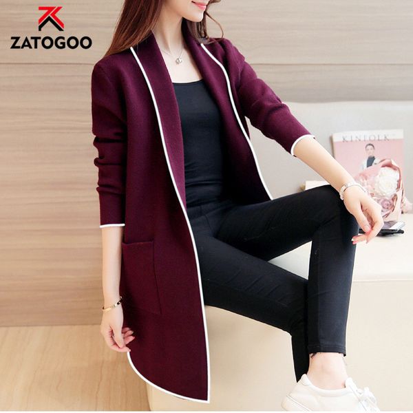 

long sleeve open front cardigan suit jacket office knit elegant long sleeve slim winter coat solid burgundy grey black outwear, Tan;black