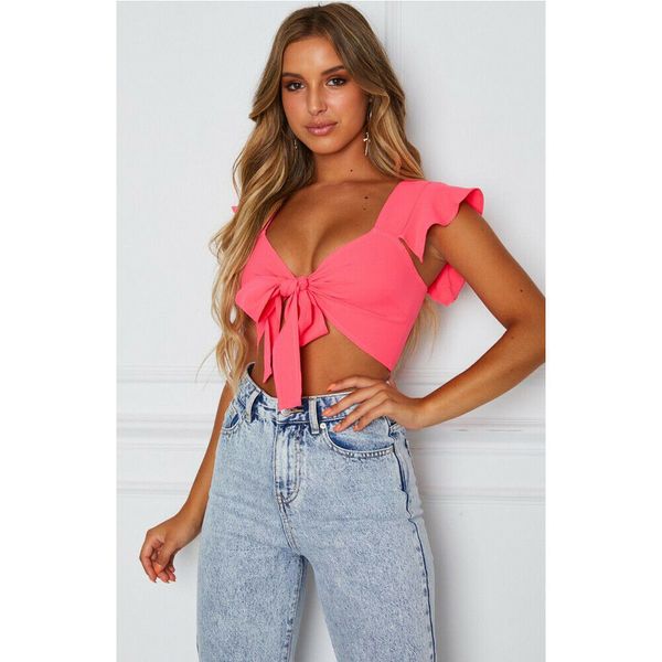 

1шт женская v образным вырезом с коротким рукавом растениеводство топ спереди галстук вверх повседневная женская рубашка блузка рябить рукав, White