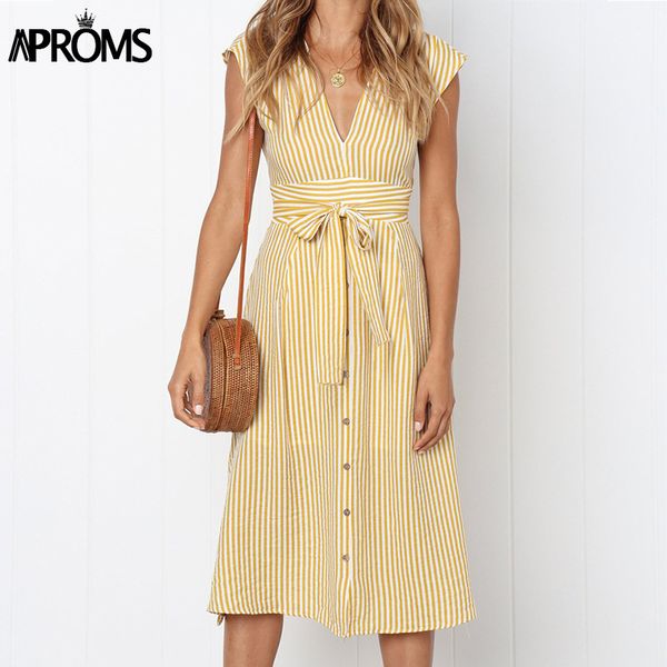 

aproms vintage stripe print midi dress women elegant deep v sash tie up bodycon dresses female summer streetwear sundresses 2019, Black;gray