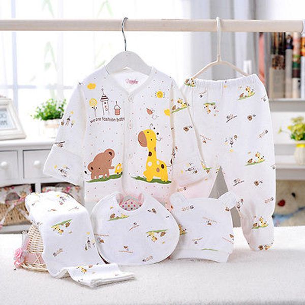 

new baby clothes set newborn boys girls soft underwear animal print shirt and pants cotton clothing 5 pcs, White