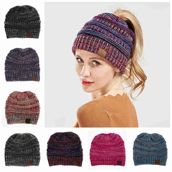 

7 color winter knitted cc hat cc knitted beanie fa hion winter ponytail hat back hole cap ca ual beanie outdoor hat 60pc fl209