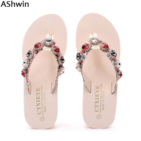 

ashwin fashion women sandals outdoor flip flops rhinestomes crsytal glitter bohemia beach slipper outdoor slipper slides summer, Black
