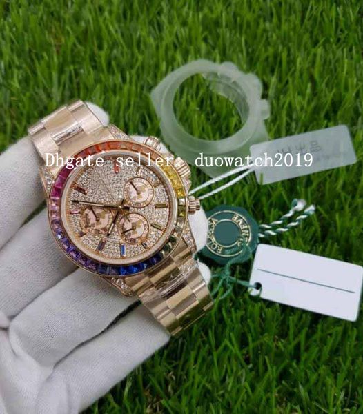 

mens geneva 116595 jhf asia 4130 full diamond paved dial mother pearl subdials 18k rose gold chronograph automatic watches, Slivery;brown