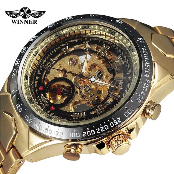 

winner new number sport design bezel golden watch mens watches montre homme clock men automatic skeleton watch, Slivery;brown
