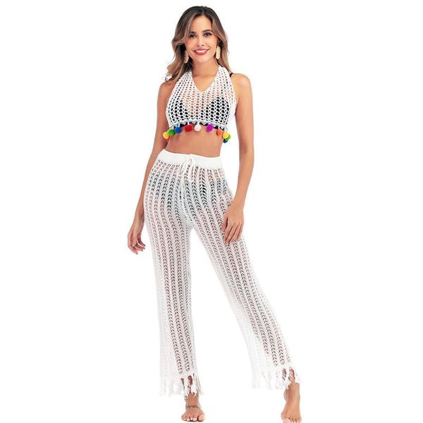 

women fashion spring pants solid color pants hollow knit tassel trousers sale crochet beach #37%, Black;white