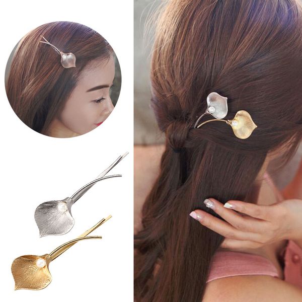 

2019 new wedding hair jewelry solid metal leaf pearl hair clips hairpins flower barrettes accessories for women girls lady, Golden;white