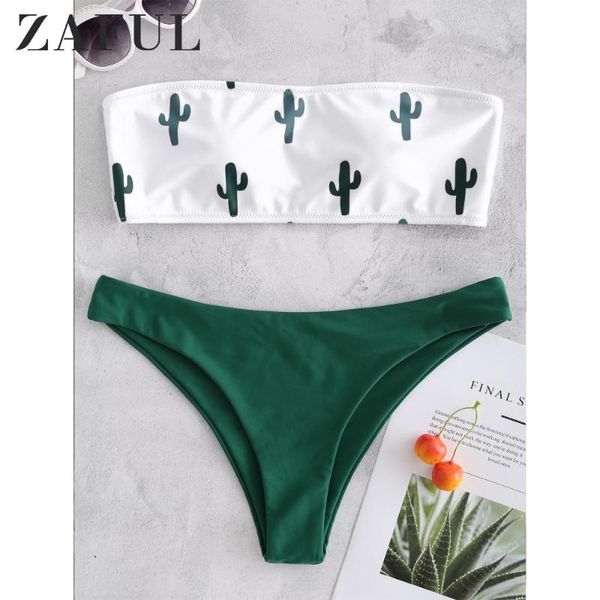 

zaful cactus plant print tube bikini bandeau strapless contrast swimwear low waisted bikini wire padded elastic swimsuit