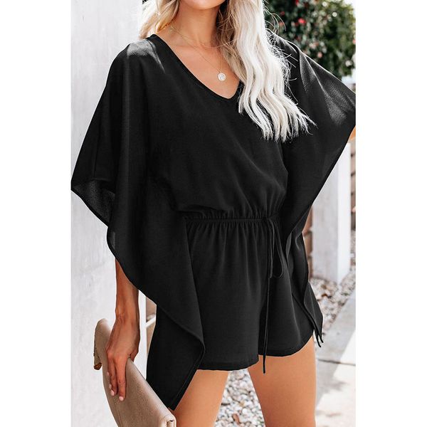 women's summer solid color jumpsuit shorts casual loose short sleeve v-neck beach rompers bodycon party playsuit sy64669