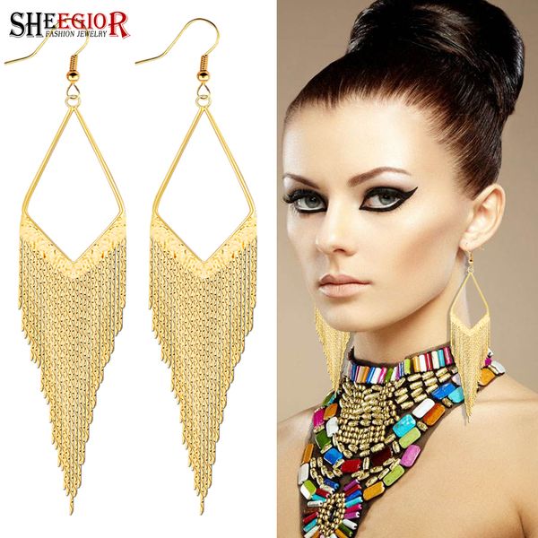 

sheegior long tassel earrings for women accessories boho ethnic copper gold big rhomb dangle drop earings fashion jewelry bijoux, Silver