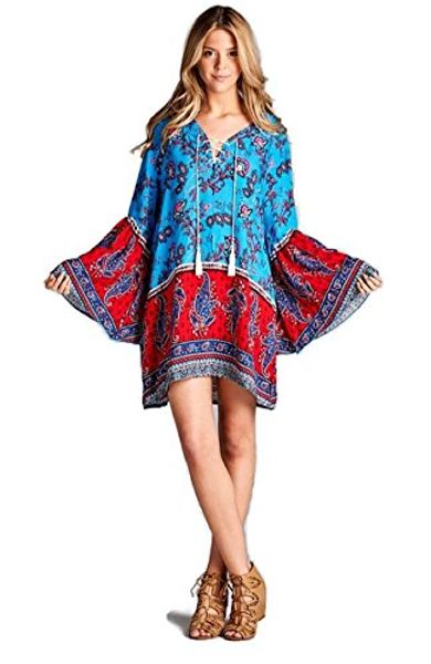 

velzera bell sleeve paisley print tunic dress boho chic, Black;gray