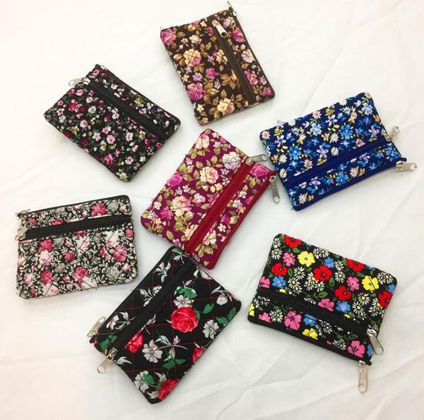 Damen-Geldbörsen aus Baumwolle mit Blumendruck und doppeltem Reißverschluss, gemischte Farben