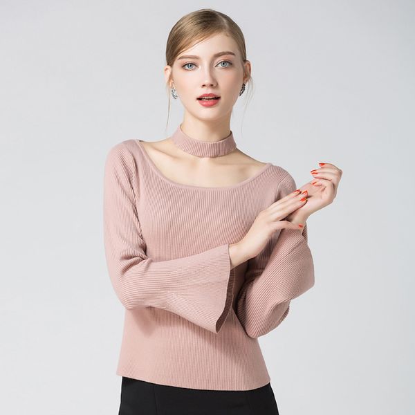 

sweater 2017 full flare sleeve woman fashion sweater early autumn big o-neck solid female pullover elegant knitted shirt, White;black