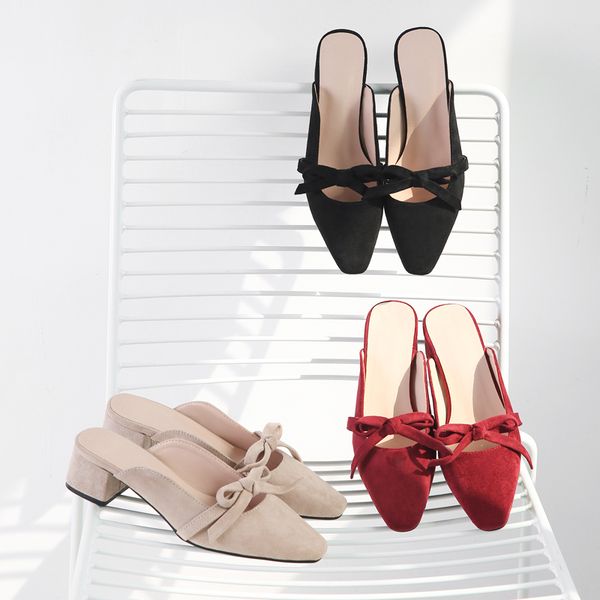 

spring/summer 2020 new suede women's slippers bows sandals outdoor comfortable women's shoes size 34-43, Black