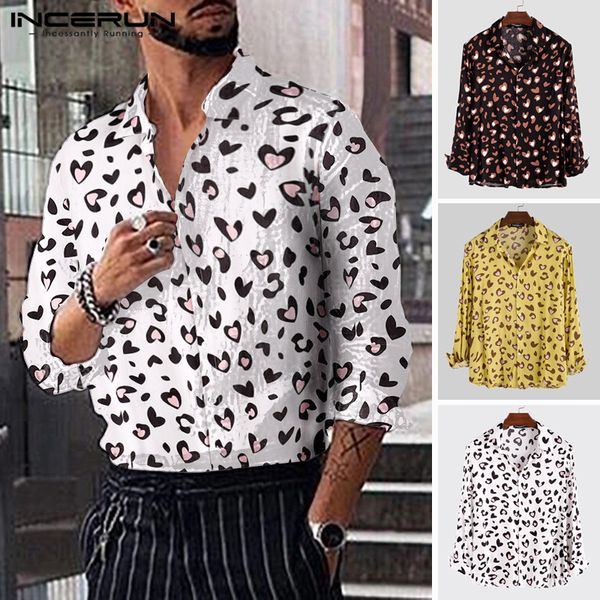 

men's chic love printed long sleeve shirts lapel neck loose button blouse vacation personality incerun camisa masculina 3xl, White;black