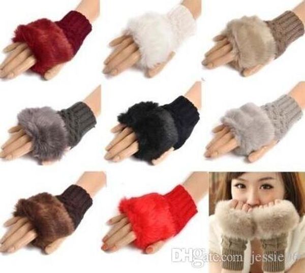 Mulheres menina malha Faux pele de coelho luvas Arm inverno Mittens comprimento mais quentes exterior luvas sem dedos coloridos presentes do Xmas 100pcs ems