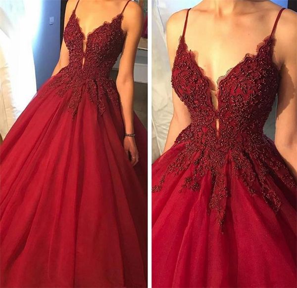 

beading ball gown prom dresses 2019 spaghetti straps burgundy puffy tulle evening gowns formal long party dress, Black