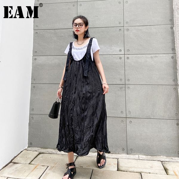 

casual dresses [eam] women black pleated split big size long strap dress sleeveless loose fit fashion tide spring summer 2021 1w364, Black;gray
