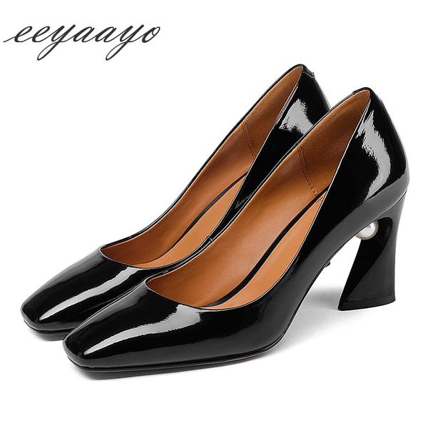 

2020 new genuine leather women pumps high heels square toe pearl fashion women cow leather shoes black ladies high heels