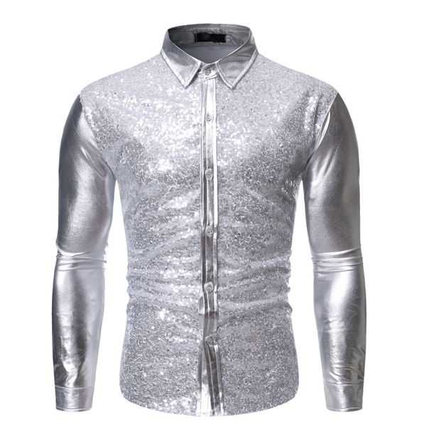 

men's nightclub multicolor shirt men's sequins gilding stitching dance clothes solid color shirt zt-cs86, White;black