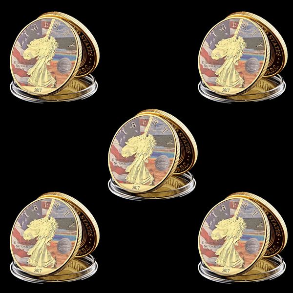 

5pcs 2017 us yellowstone national park us statue of liberty gold plated collectible coin value w/capsule